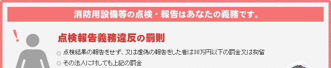 消防用設備等の点検・報告はあなたの義務です。点検報告義務違反の罰則○点検結果の報告をせず、又は虚偽の報告をした者は30万円以下の罰金又は拘留○その法人に対しても上記の罰金